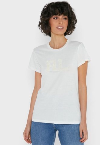 Białe damskie koszulki Ralph Lauren z okrągłym dekoltem i grafiką