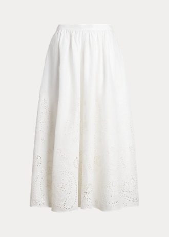 Białe damskie spódnice midi z lnu z oczkami Ralph Lauren Białe damskie spódnice midi z lnu z oczkami Ralph Lauren