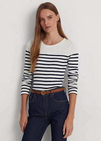 Białe/granatowe damskie koszulki w paski z bawełny Ralph Lauren z długim rękawem