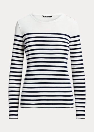 Białe/granatowe damskie koszulki w paski z bawełny Ralph Lauren z długim rękawem