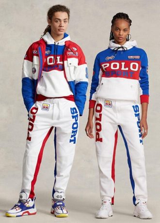 Białe męskie spodnie polarowe Ralph Lauren Polo Sport w bloki kolorów