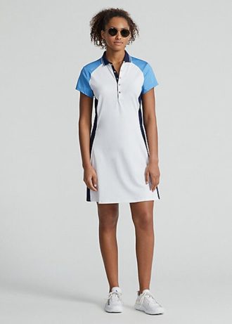 Biało-niebieska damska sukienka z elastycznej dzianiny Ralph Lauren w bloki kolorów