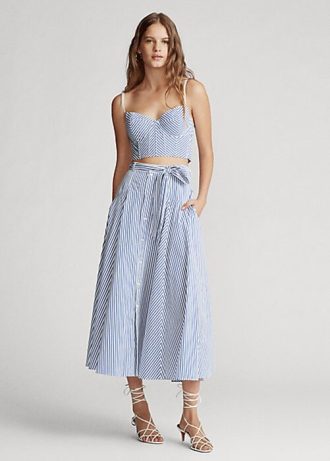 Biało-niebieskie damskie spódnice Ralph Lauren w paski z bawełny o kroju litery A Biało-niebieskie damskie spódnice Ralph Lauren w paski z bawełny o kroju litery A