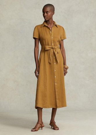 Brązowa damska sukienka Ralph Lauren z paskiem i krótkim rękawem z lnu
