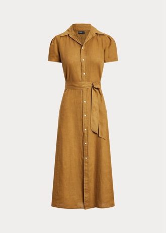 Brązowa damska sukienka Ralph Lauren z paskiem i krótkim rękawem z lnu
