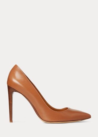 Brązowe damskie buty na obcasie z cielęcej skóry Celia marki Ralph Lauren