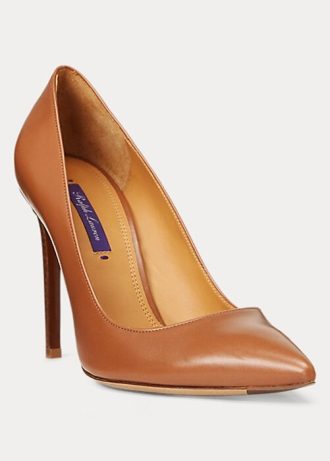 Brązowe damskie buty na obcasie z cielęcej skóry Celia marki Ralph Lauren