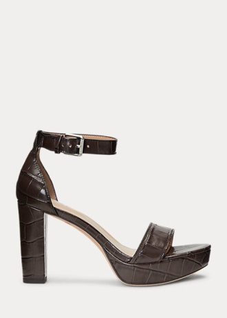 Brązowe damskie buty Ralph Lauren Sylvia ze skóry tłoczonej na obcasie