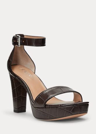 Brązowe damskie buty Ralph Lauren Sylvia ze skóry tłoczonej na obcasie