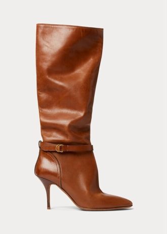 Brązowe damskie buty Ralph Lauren Zoe Tall ze skóry cielęcej