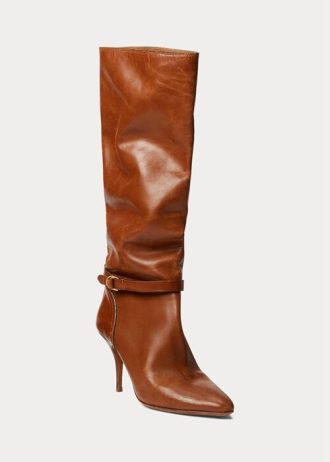 Brązowe damskie buty Ralph Lauren Zoe Tall ze skóry cielęcej