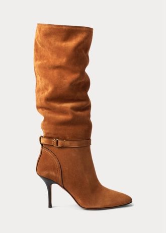 Brązowe damskie buty Ralph Lauren Zoe Tall ze skóry cielęcej zamszowej
