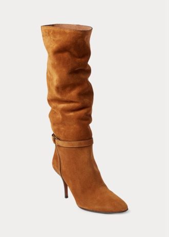 Brązowe damskie buty Ralph Lauren Zoe Tall ze skóry cielęcej zamszowej