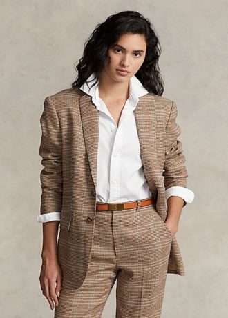 Brązowe damskie kurtki tweedowe Ralph Lauren w kratę z wełny i lnu