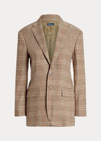 Brązowe damskie kurtki tweedowe Ralph Lauren w kratę z wełny i lnu