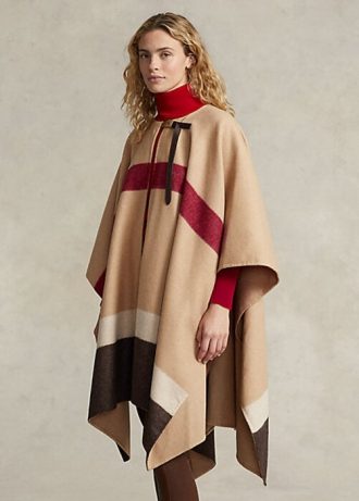 Brązowe damskie kurtki typu poncho w paski z podwójnym zapięciem marki Ralph Lauren Polo ID