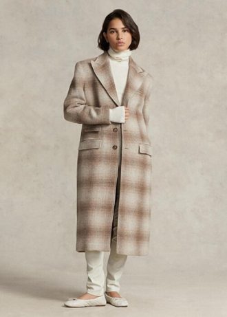 Brązowe damskie płaszcze w kratę Ralph Lauren z mieszanki wełny