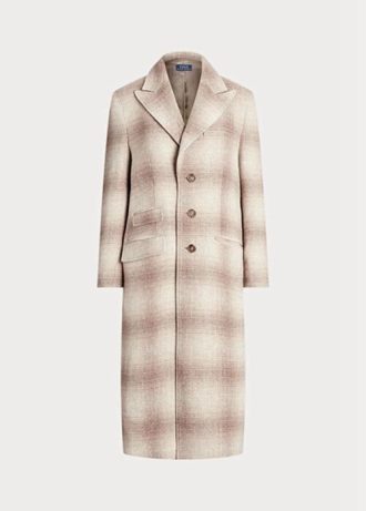 Brązowe damskie płaszcze w kratę Ralph Lauren z mieszanki wełny