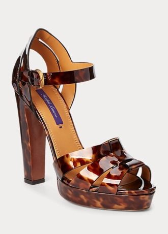 Brązowe damskie sandały Ralph Lauren Callahan z lakierowanej skóry cielęcej