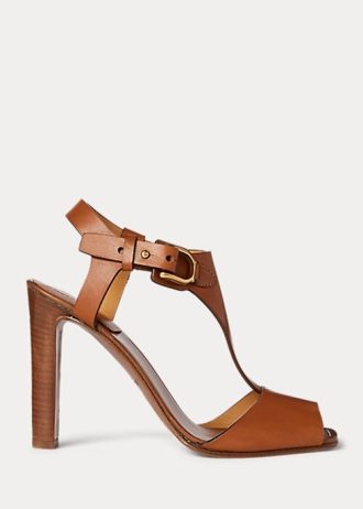 Brązowe damskie sandały Ralph Lauren Emilie Welington ze skóry cielęcej
