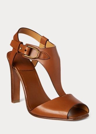 Brązowe damskie sandały Ralph Lauren Emilie Welington ze skóry cielęcej