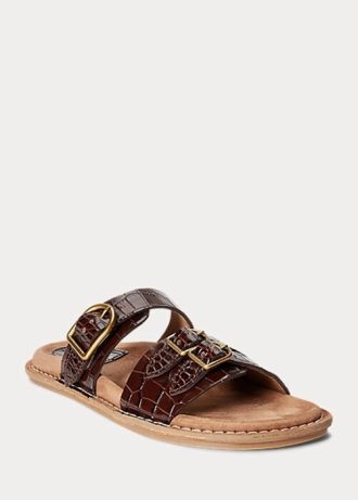 Brązowe damskie sandały Ralph Lauren Ezra ze skóry tłoczonej na wzór krokodyla