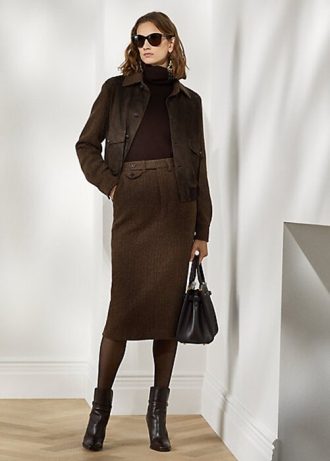Brązowe damskie spódnice z wełny Mychele w jodełkę marki Ralph Lauren Brązowe damskie spódnice z wełny Mychele w jodełkę marki Ralph Lauren