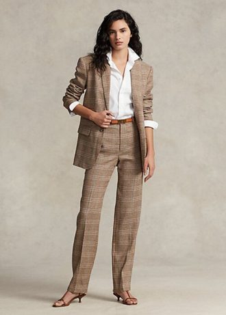 Brązowe damskie spodnie Ralph Lauren w kratę z wełny i lnu z tweedu o prostych nogawkach