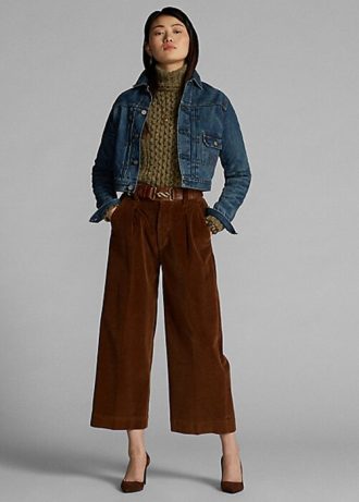 Brązowe damskie spodnie z szerokimi nogawkami z skróconego sztruksu marki Ralph Lauren