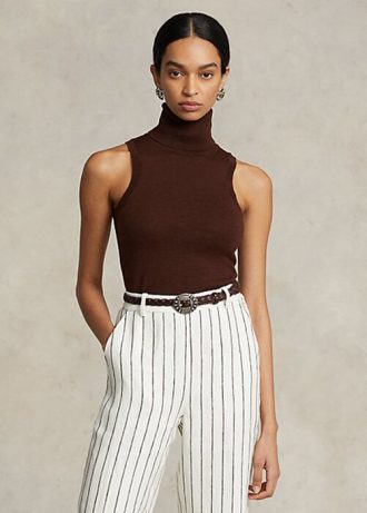 Brązowe damskie swetry z golfem bez rękawów Ralph Lauren z wełny Brązowe damskie swetry z golfem bez rękawów Ralph Lauren z wełny