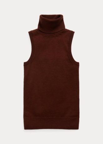 Brązowe damskie swetry z golfem bez rękawów Ralph Lauren z wełny Brązowe damskie swetry z golfem bez rękawów Ralph Lauren z wełny