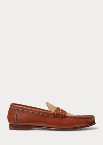 Brązowe męskie mokasyny Ralph Lauren Chalmers z cielęcej skóry i płótna Penny Loafers