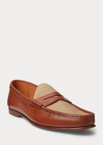 Brązowe męskie mokasyny Ralph Lauren Chalmers z cielęcej skóry i płótna Penny Loafers