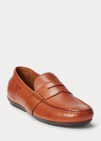 Brązowe męskie skórzane buty casualowe Ralph Lauren Reynold Driver