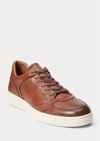 Brązowe męskie skórzane trampki Ralph Lauren Court