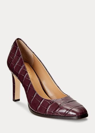 Ciemnoczerwone damskie buty na obcasie Ralph Lauren Camila z tłoczoną skórą