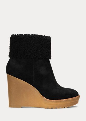 Czarne damskie buty Ralph Lauren Steph z zamszowym wykończeniem i lamówką z owczej skóry