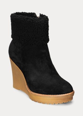 Czarne damskie buty Ralph Lauren Steph z zamszowym wykończeniem i lamówką z owczej skóry