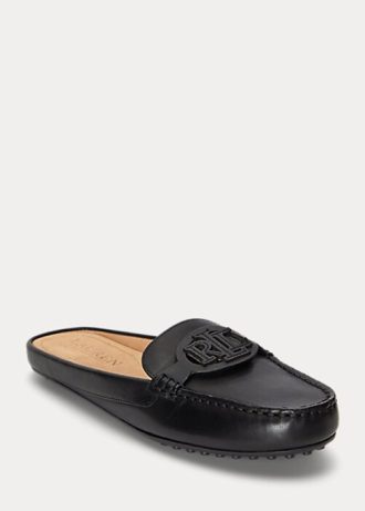 Czarne damskie płaskie buty Ralph Lauren Brynn Burnished Leather Driver
