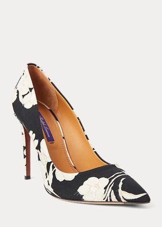 Czarno-kremowe damskie szpilki Ralph Lauren Celia z kwiatowym nadrukiem
