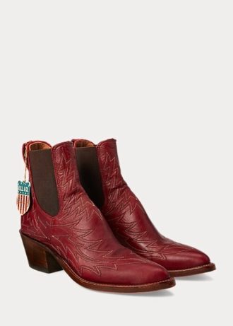 Czerwone damskie skórzane buty Ralph Lauren Lottie z haftem