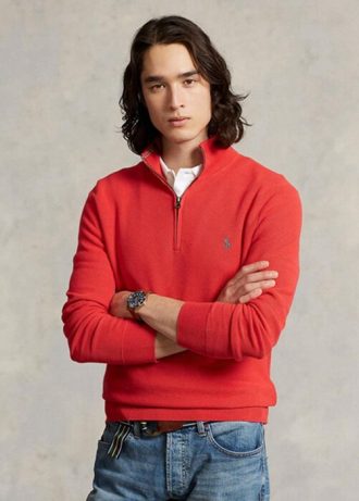 Czerwony męski sweter Ralph Lauren z siateczki i bawełny z zamkiem błyskawicznym o długości 1/4