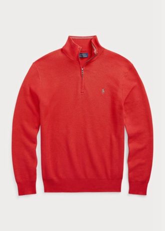 Czerwony męski sweter Ralph Lauren z siateczki i bawełny z zamkiem błyskawicznym o długości 1/4