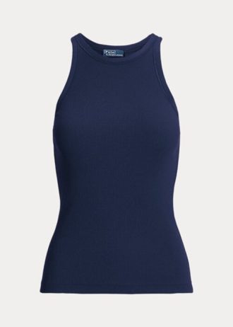 Damskie, granatowe, prążkowane bawełniane podkoszulki Ralph Lauren