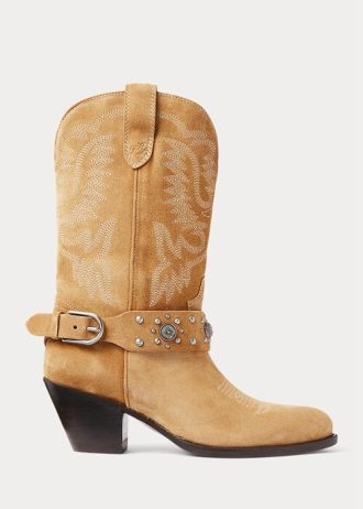 Damskie kowbojskie buty Ralph Lauren z ćwiekami i zamszu cielęcego w kolorze khaki