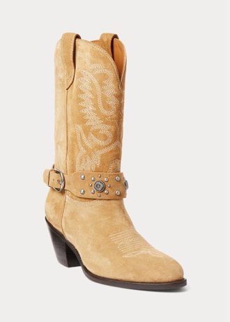 Damskie kowbojskie buty Ralph Lauren z ćwiekami i zamszu cielęcego w kolorze khaki