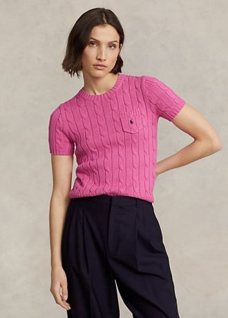 Fuksjowe swetry damskie Ralph Lauren z krótkim rękawem z bawełny o splocie kablowym
