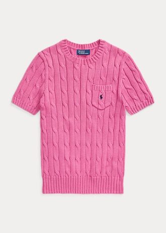 Fuksjowe swetry damskie Ralph Lauren z krótkim rękawem z bawełny o splocie kablowym