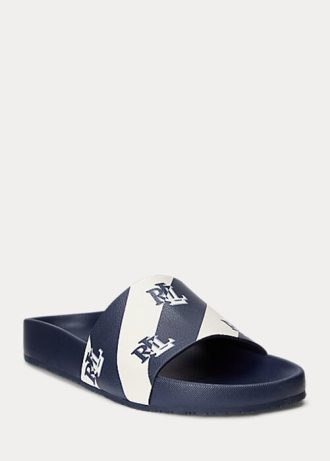 Granatowe damskie kapcie Ralph Lauren Audrina ze skóry ekologicznej z logo