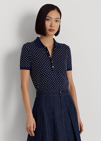 Granatowe damskie koszulki polo Ralph Lauren w kropki Piqué